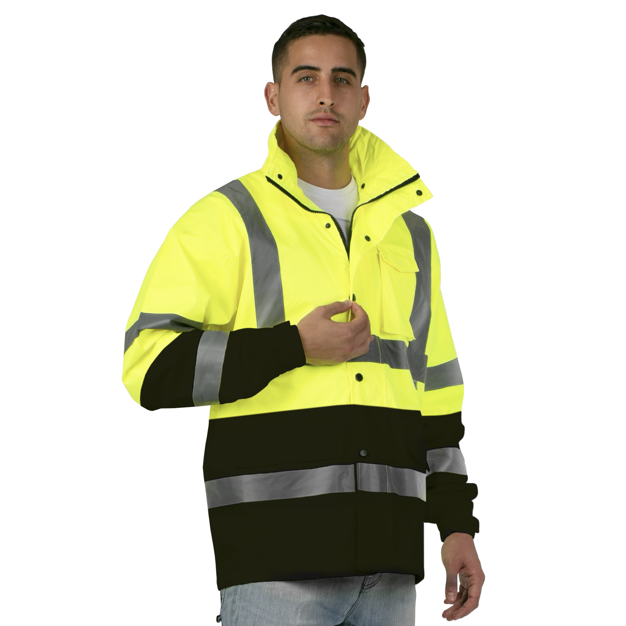 Hi-Vis Yellow/Black Rain Jacket with 2" Reflective Strips