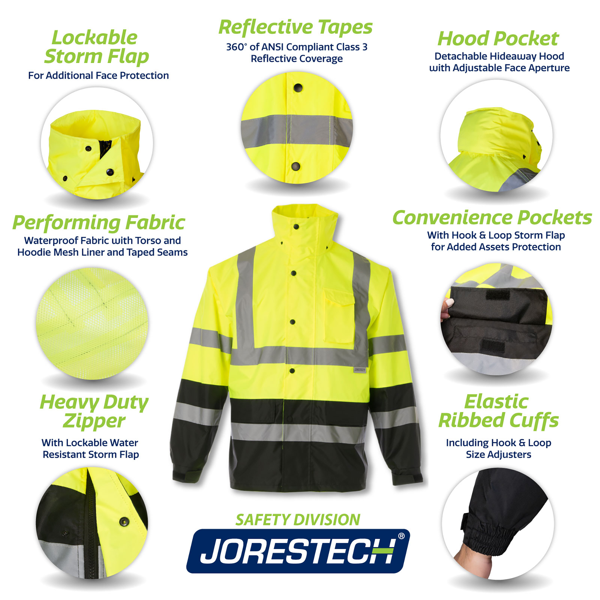 Hi-Vis Yellow/Black Rain Jacket with 2" Reflective Strips