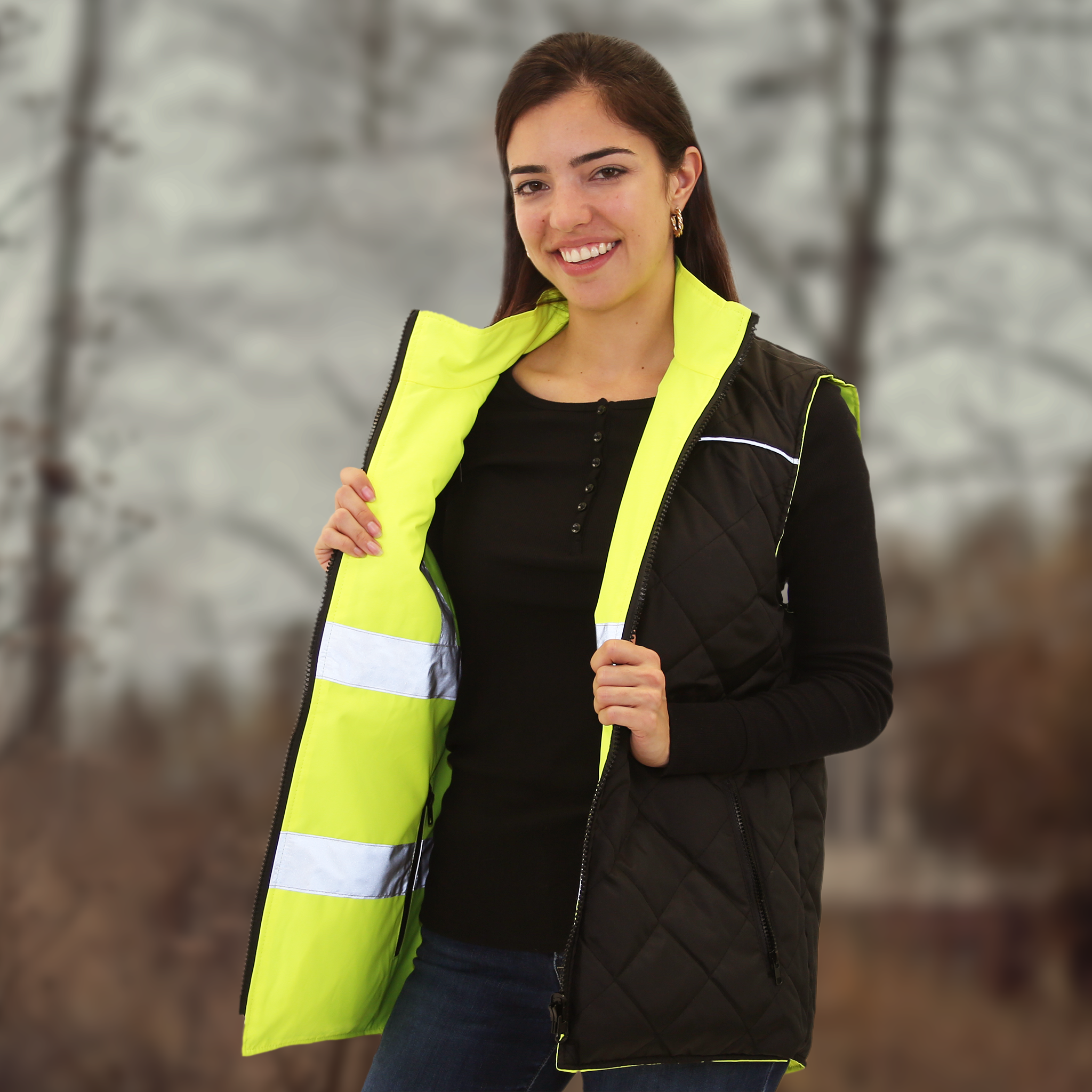 Hi-Vis Yellow/Black Reversible Insulated Safety Vest with Reflective Strips