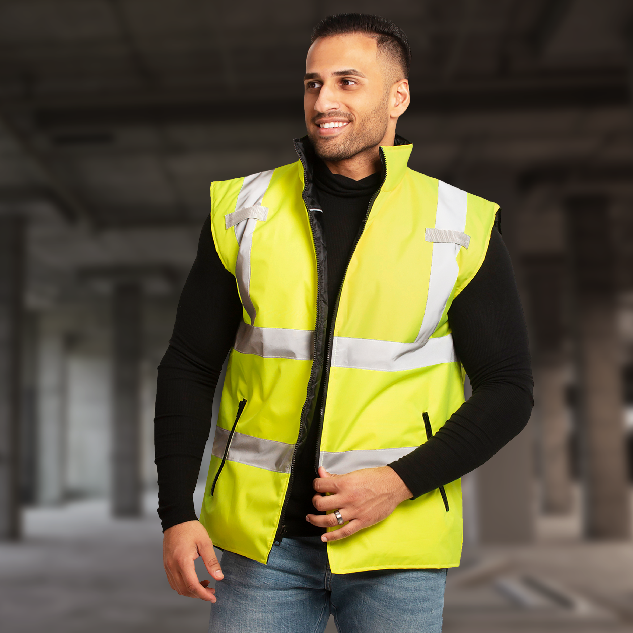 Hi-Vis Yellow/Black Reversible Insulated Safety Vest with Reflective Strips