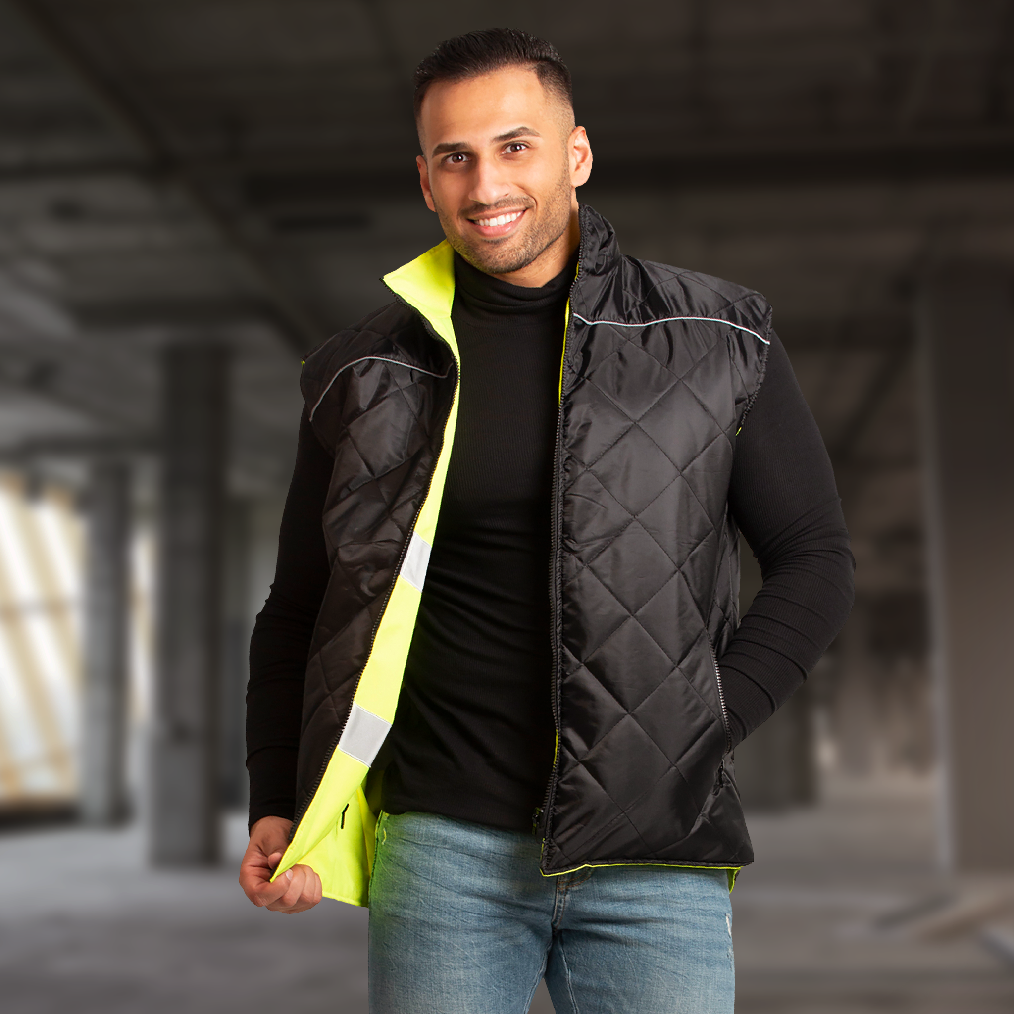 Hi-Vis Yellow/Black Reversible Insulated Safety Vest with Reflective Strips