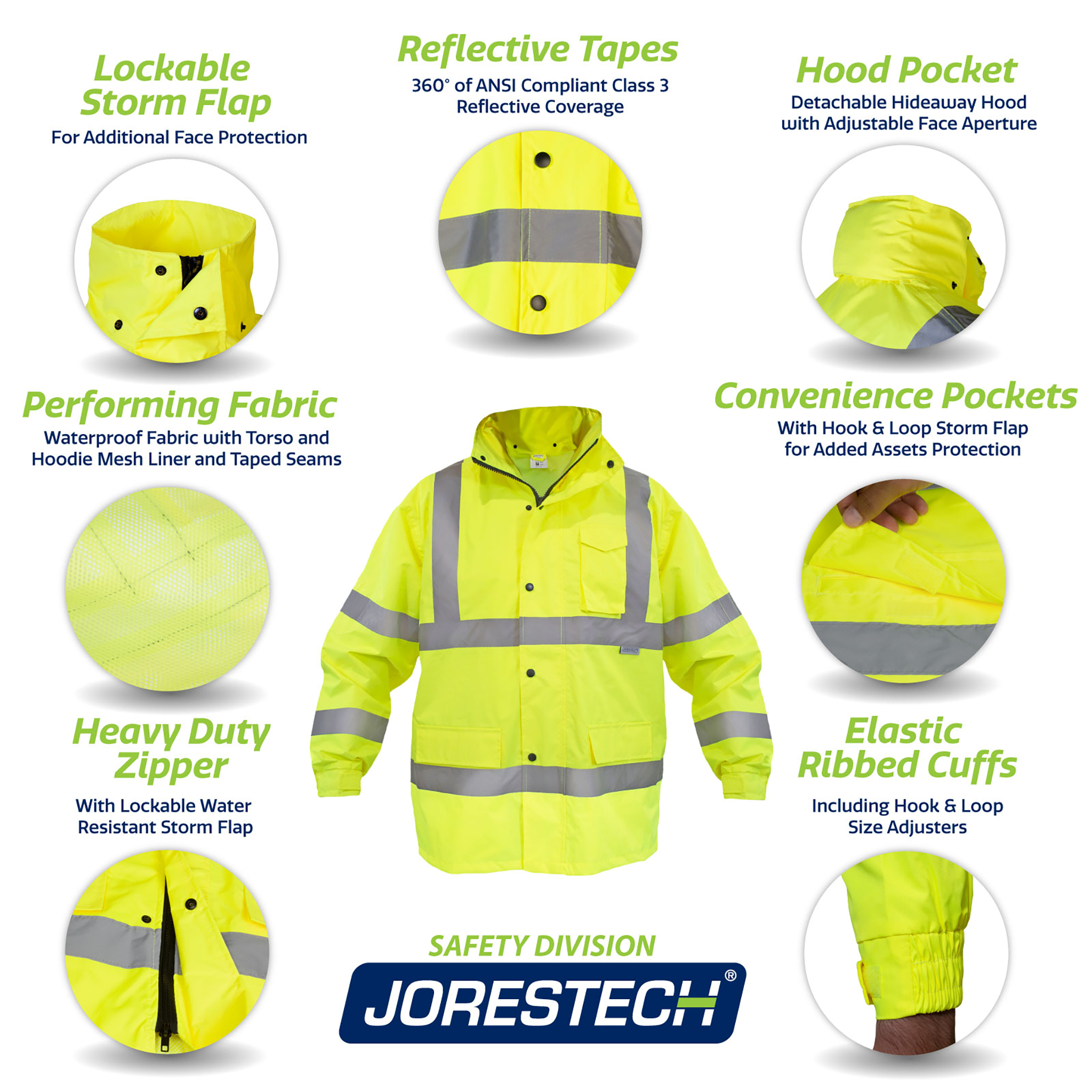 Hi-Vis Yellow Rain Jacket with 2" Reflective Strips