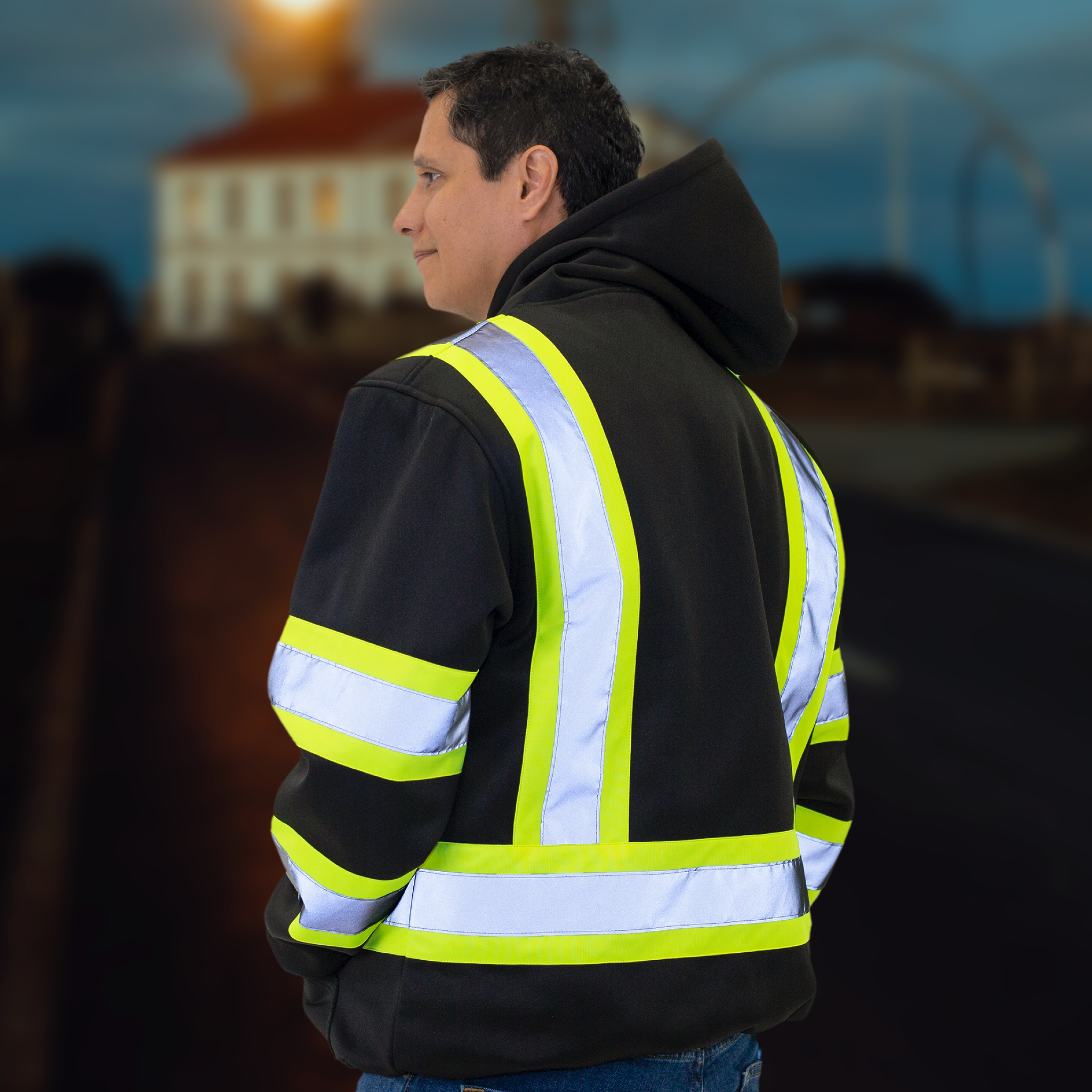 Hi-Vis Safety Hooded Sweatshirt with Reflective Stripes