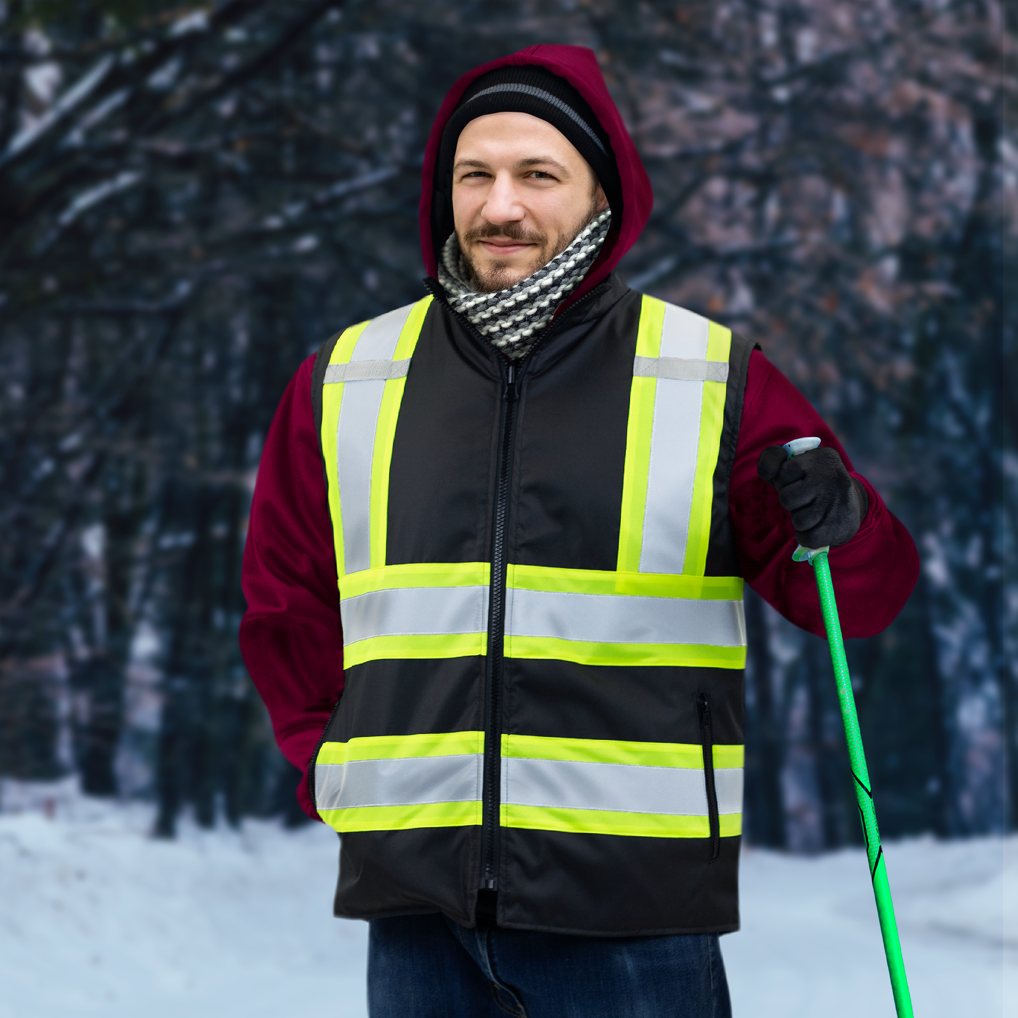 Hi-Vis Yellow/Black Reversible Insulated Safety Vest with Reflective Strips