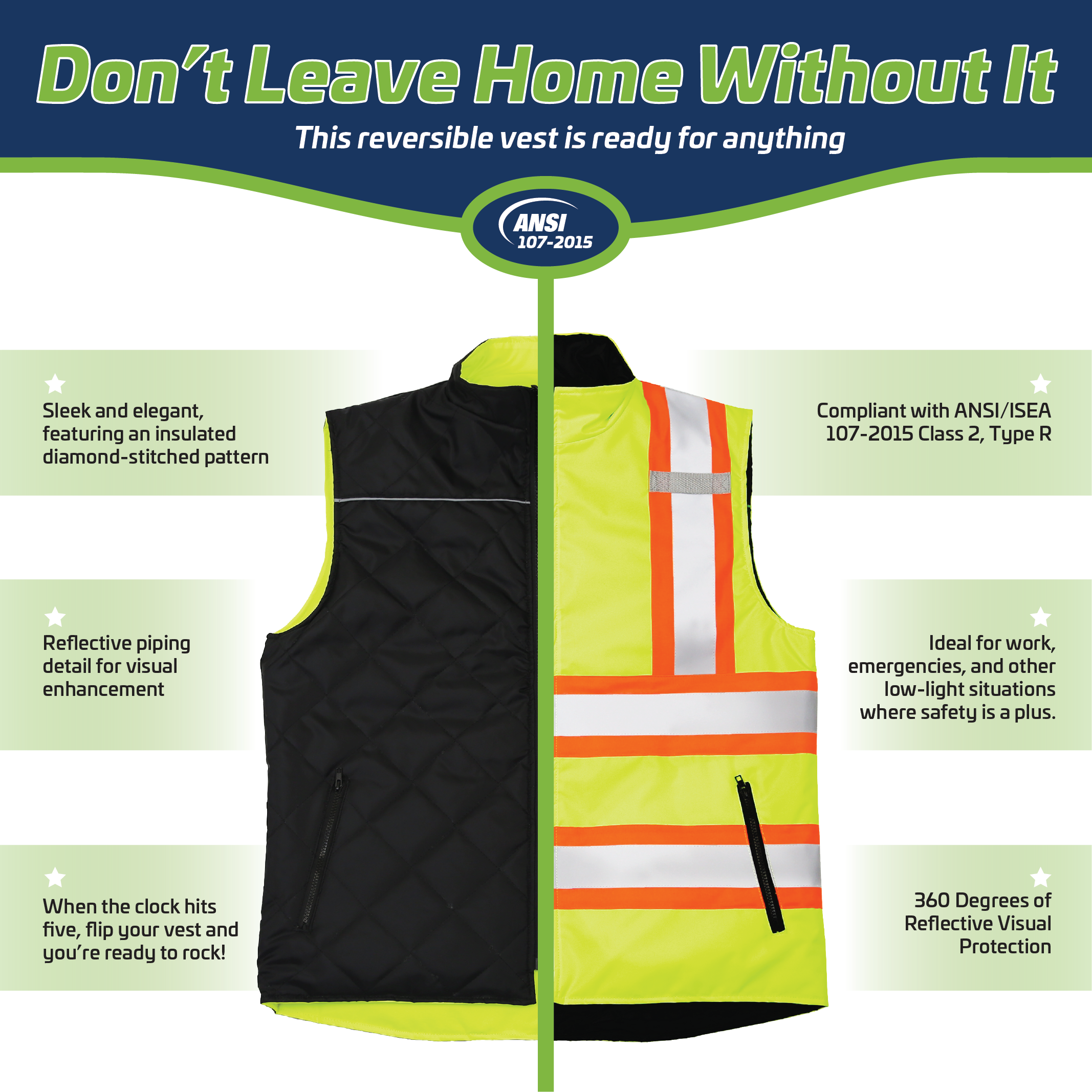 Hi-Vis Yellow/Black Reversible Insulated Safety Vest with Reflective Strips