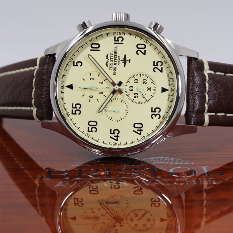 B-25 Mitchell Watch | Limited Edition Aviator Chronograph - Polished Stainless Steel, Brown Leather Strap