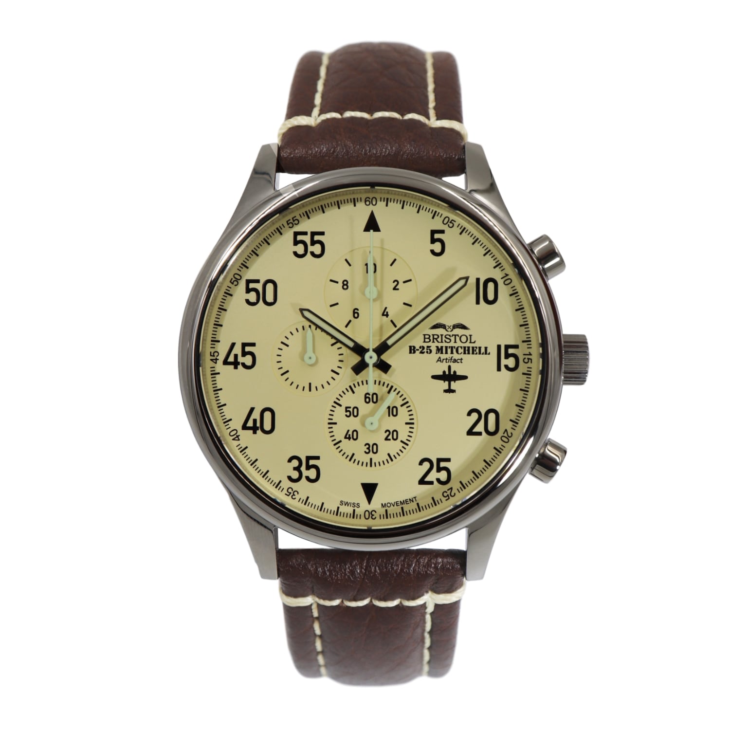 B-25 Mitchell Watch | Limited Edition Aviator Chronograph - Polished Stainless Steel, Brown Leather Strap