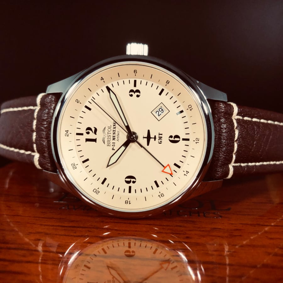 P-51 Mustang Tribute - Polished Finish, Beige Dial, Brown Leather Band