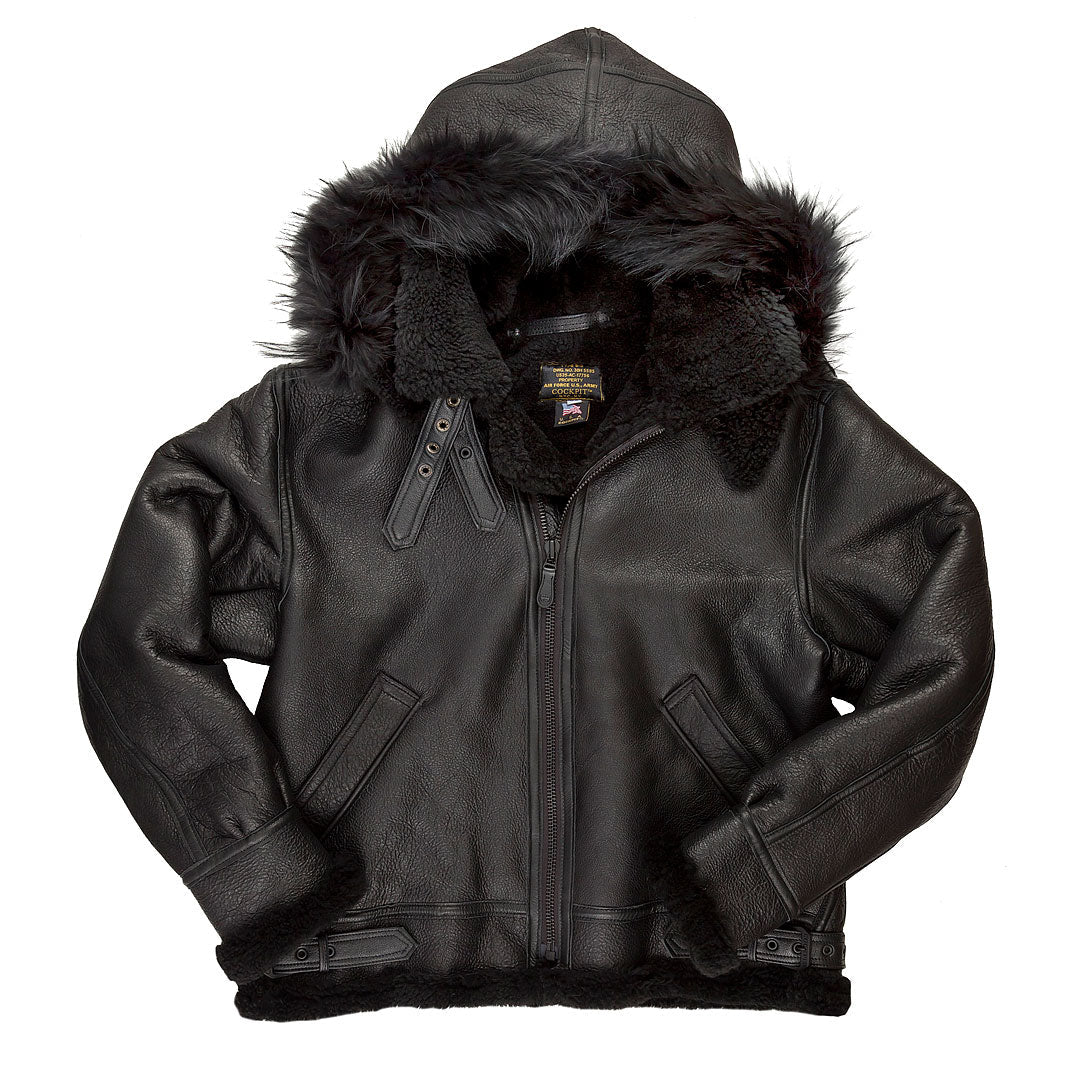 All Black B-3 Hooded Sheepskin Bomber Jacket Z203615B