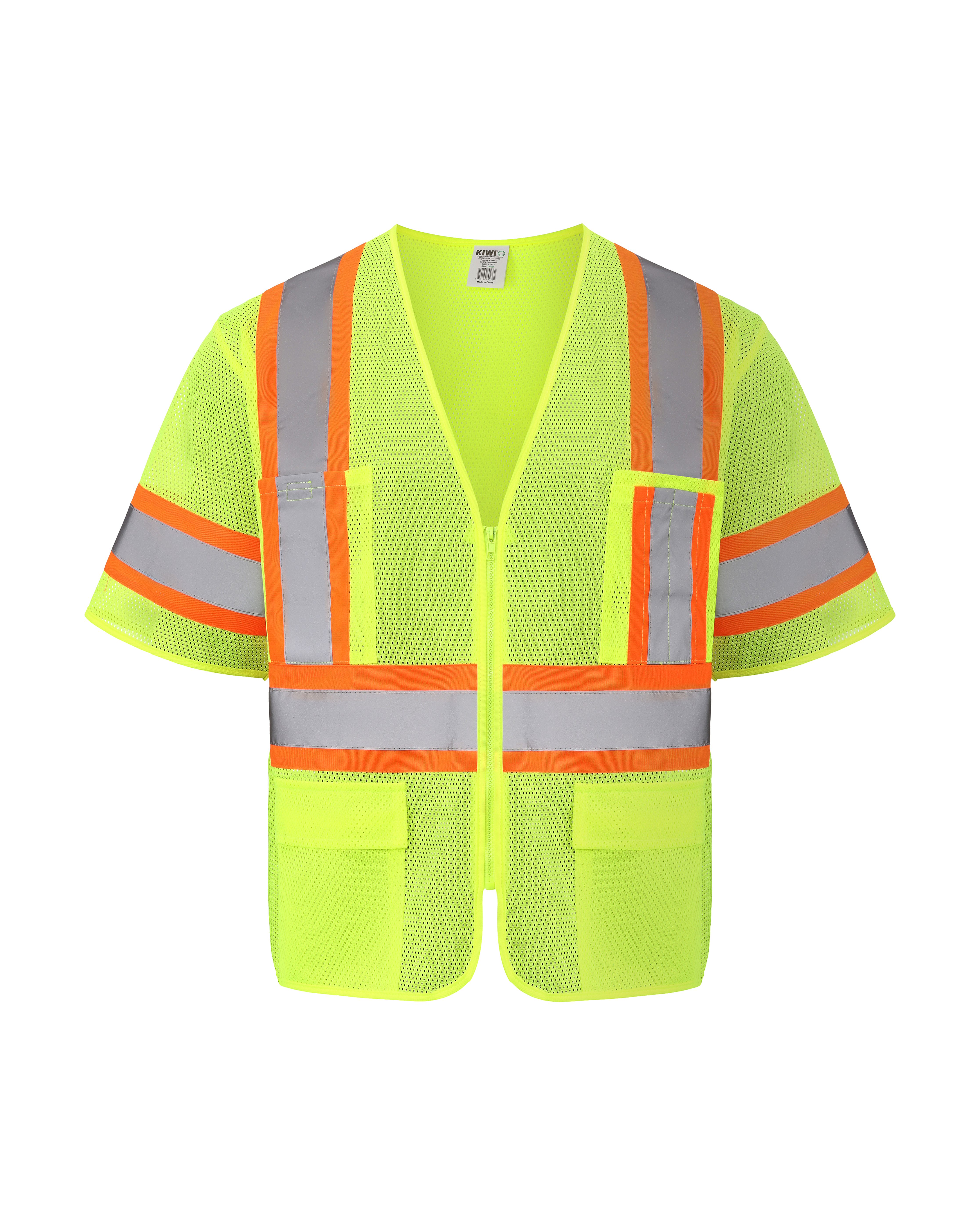Kiwi High Visibility ANSI/ISEA 107-2020, Type R, Class 3 Contrast Trimmed Neon Short Sleeve Safety Vest [72100]